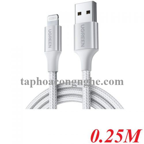 Ugreen 60159 0.25m màu trắng cáp USB 2.0 A ra Lightning MFI đầu bọc nhôm mà nickel chống nhiễu 25cm US291 30060159